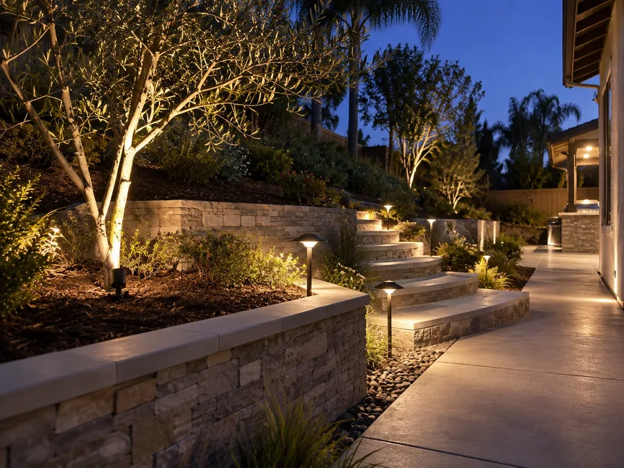 Finished residential landscape lighting illuminating trees, paths and architectural features after sunset