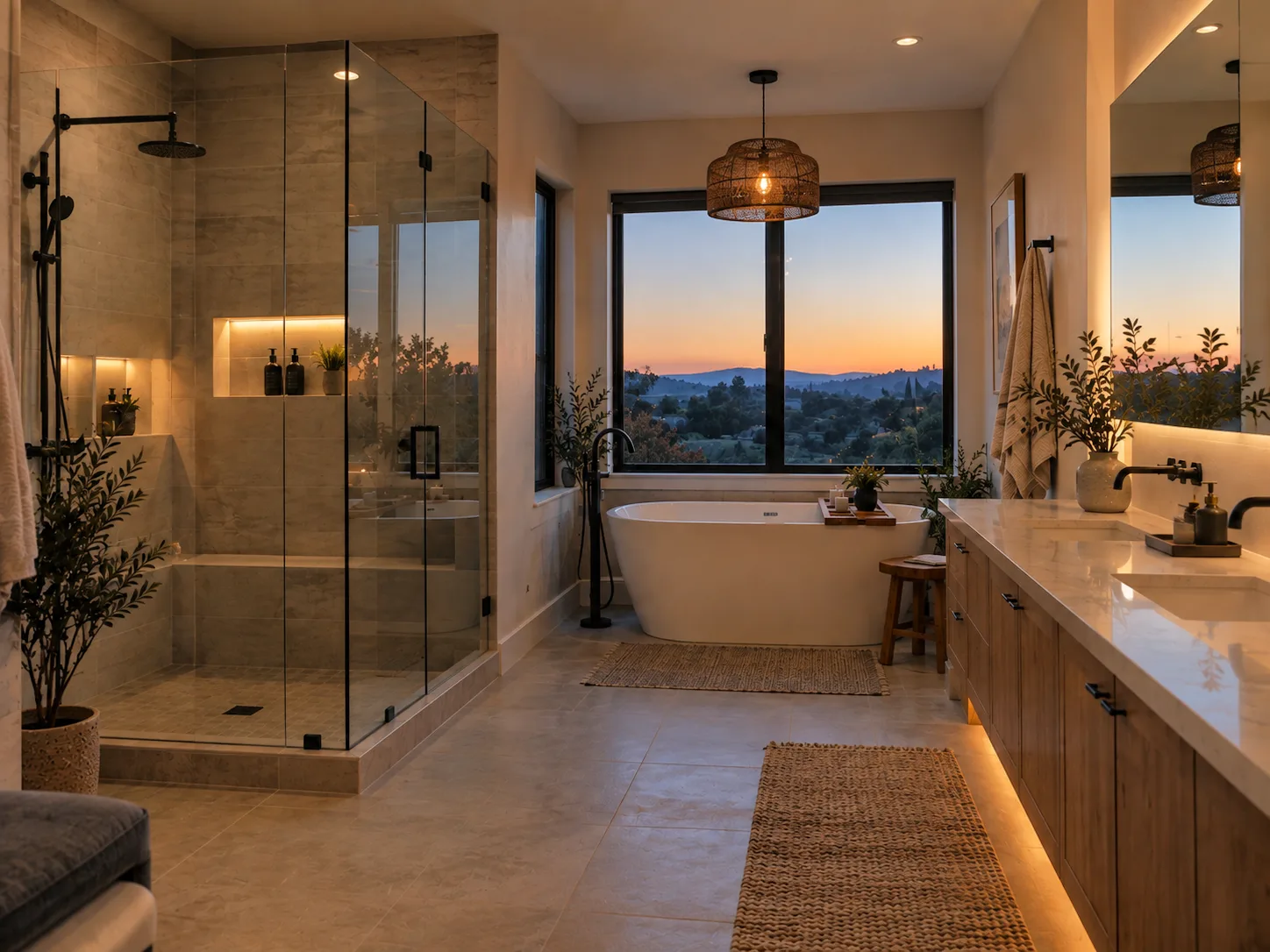 Completed primary bathroom with lit vanity mirrors and layered recessed lighting installed by JIC Electric