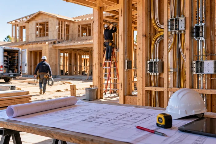Organized electrical wiring and boxes installed during rough-in inside a framed home