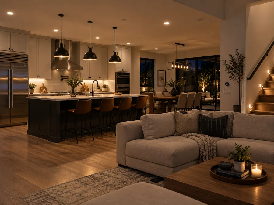Finished residential interior showing completed lighting and electrical trim work on a J.I.C. Electric project