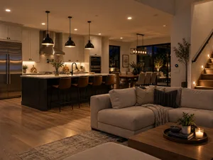 Interior space with layered recessed and accent lighting
