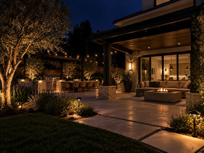 Completed home exterior at night showing finished architectural and landscape lighting
