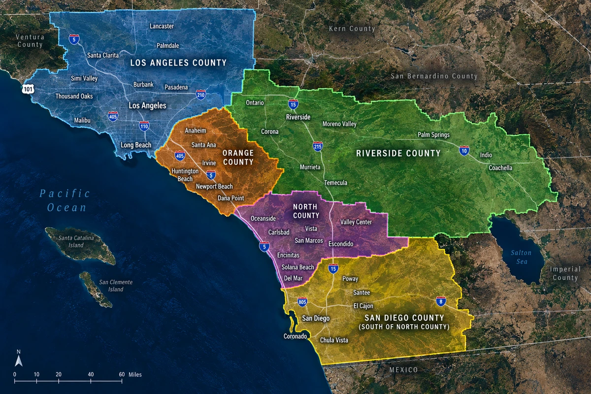 Map of JIC Electric's service area: North County San Diego, greater San Diego County, Orange, Riverside, and Los Angeles counties